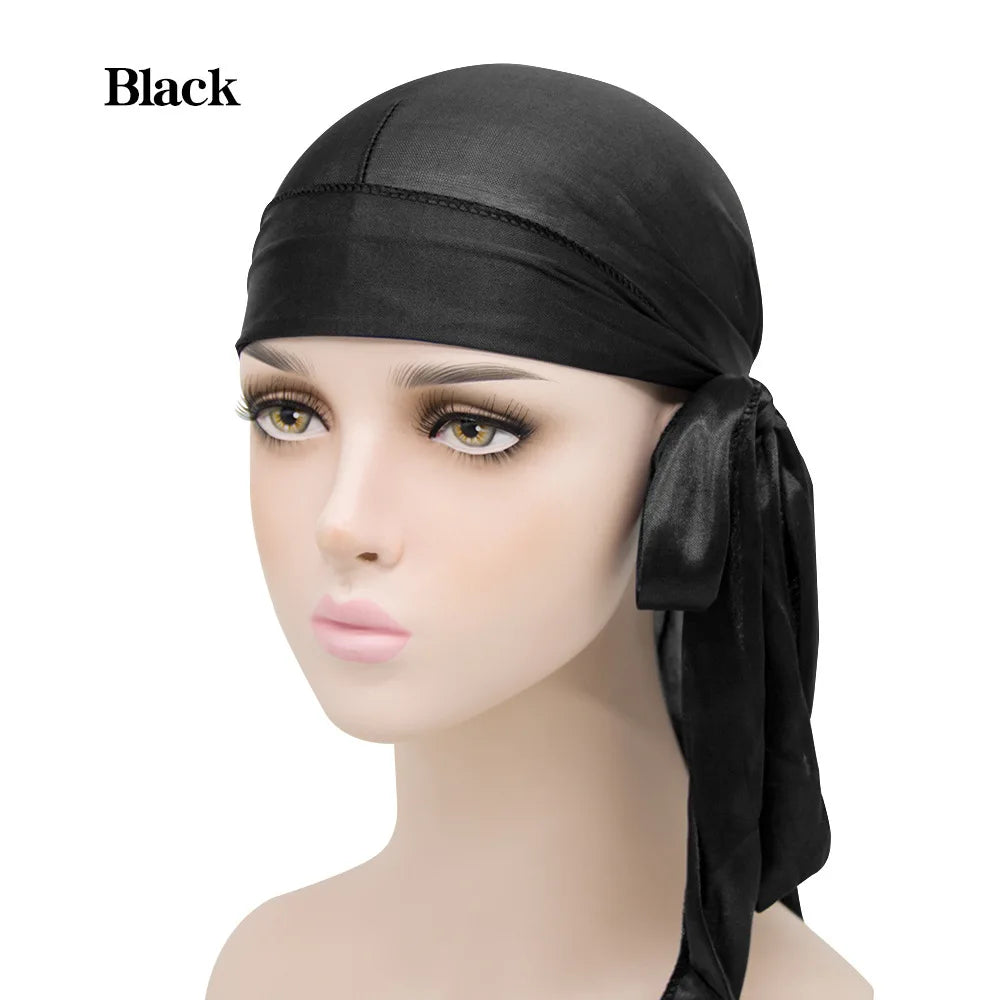 2024 New Satin Durag Turban Bonnet Wigs Durag Biker Headwrap Pirate Hat Cap For Men Hair Accessories Long Tail Straps Bandanas