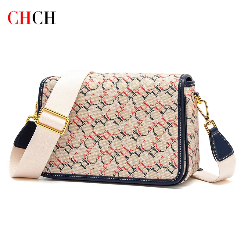 CHCH Women's Saddle Bag 2024 New Brand Letter Printed Flap Cross Shoulder Bag Retro Wide Shoulder Strap Single Shoulder Bag