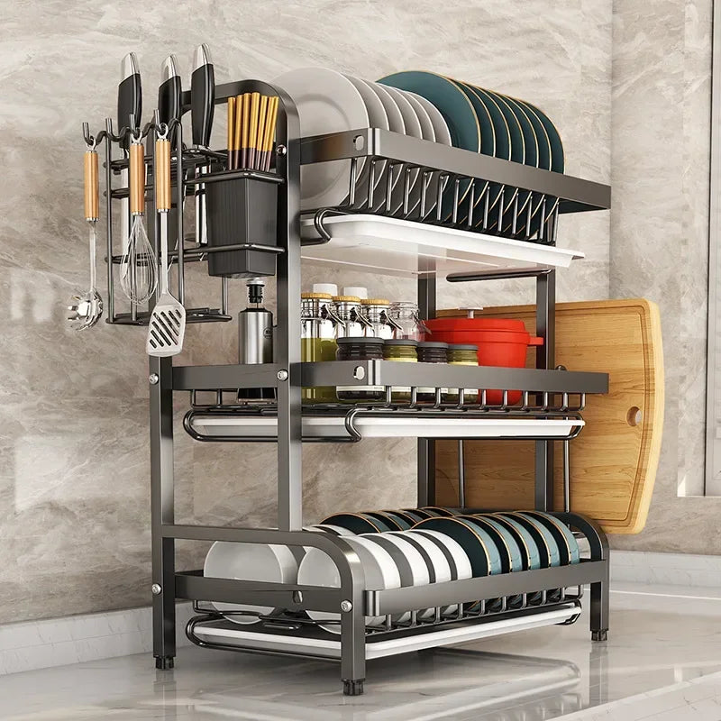 2-Tiers Stainless Steel Storage Rack for Bowls and Dishes Multilayer Cutlery Drainer with Drainage Box Plates Utensils Organizer