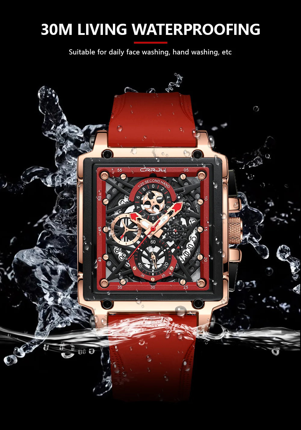 CRRJU Fashion Sports Watches with Large Dial Unique RectangularHollow Design Quartz Wristwatches with Chrongraph Auto Date