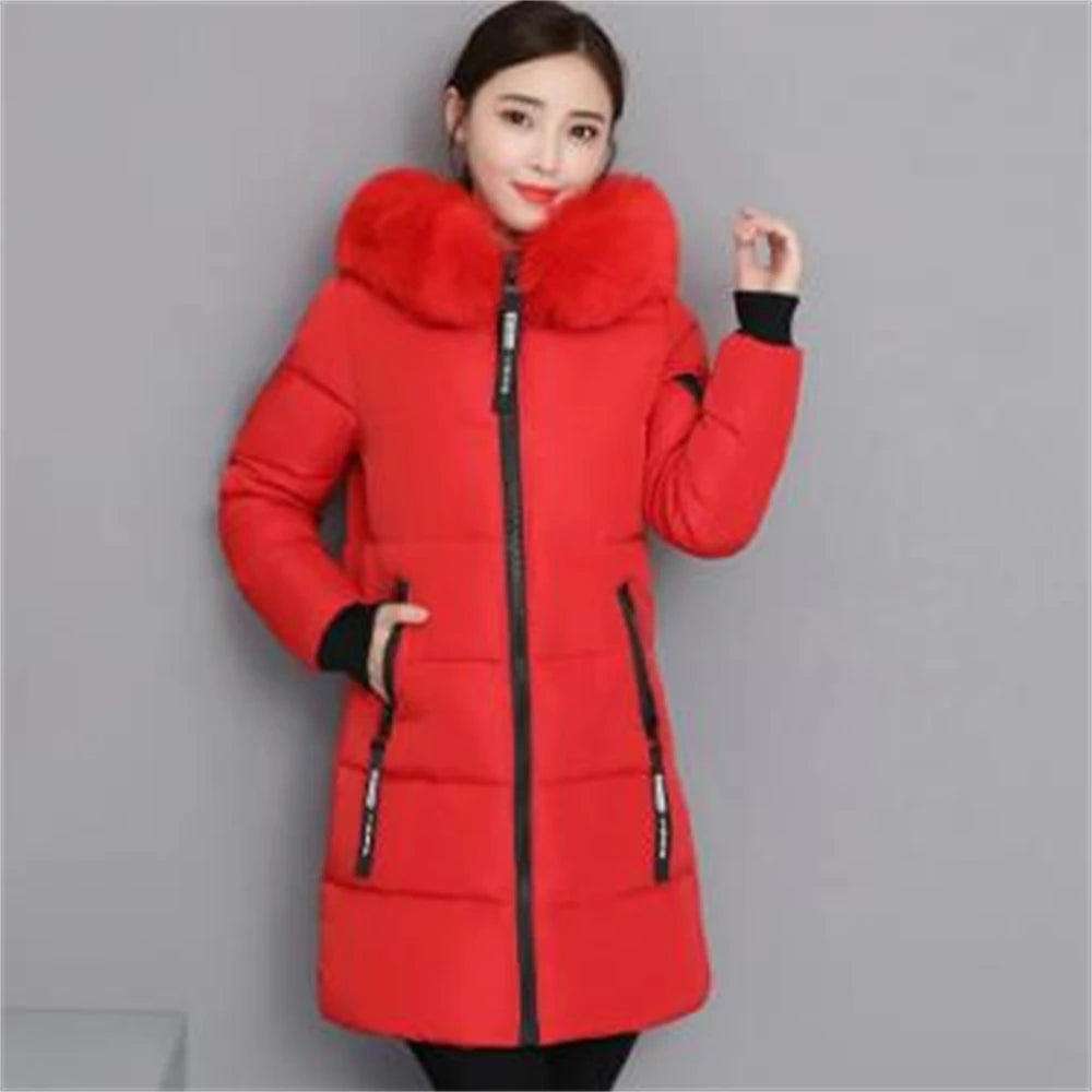 Winterjacke 2024 Koreanische Frauen Parka Große Pelzkragen Mit Kapuze Dicker Warmer Langer Weiblicher Mantel Lässige Outwear Daunenbaumwolljacke Parkas