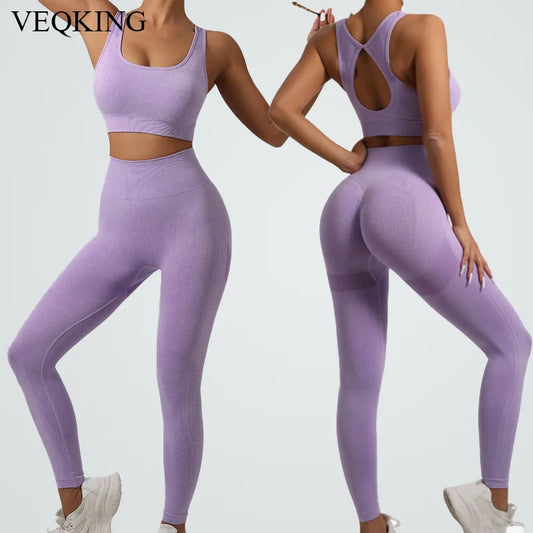 VEQKING Seamless Knit Yoga Set Women Beauty Back Sports Bra Hip Lifting Leggings Workout Set Breathable Fitness Set Gym Clothing