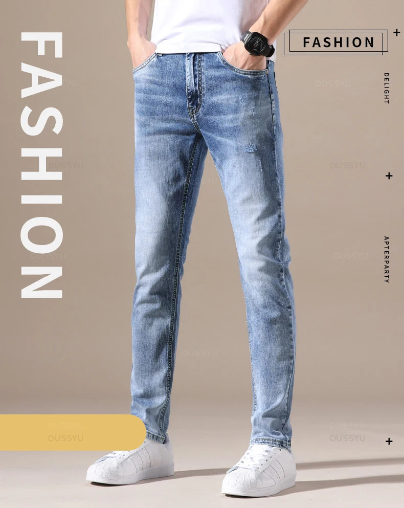 OUSSYU Brand Clothing Jeans Men High Quality Stretch Light Blue Denim Fashion Pleated Retro Pocket Skinny Trousers Pants 28-40