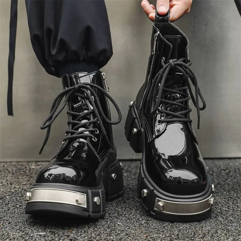 2024 Men's High Top British Style Thick Bottom Increased Bright Leather Black Motorcycle Round Toe Side Zipper Punk Boots Women