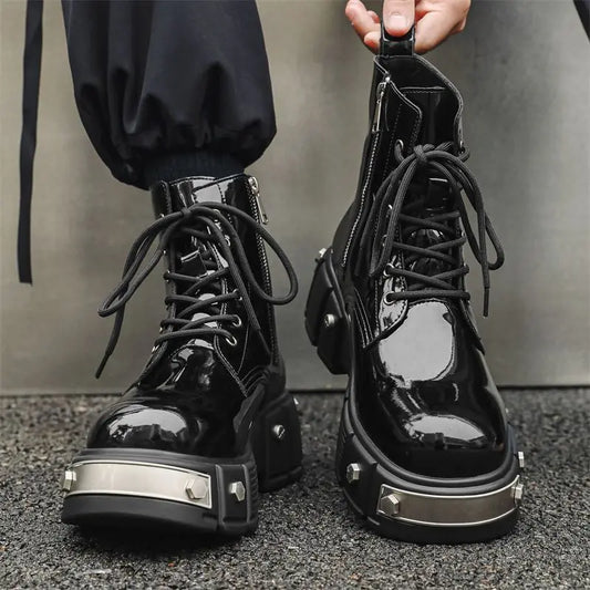 2024 Men's High Top British Style Thick Bottom Increased Bright Leather Black Motorcycle Round Toe Side Zipper Punk Boots Women