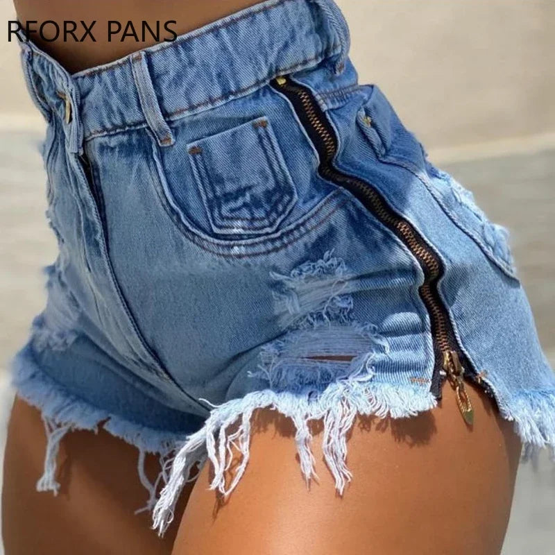 Women Chic Casual Solid Zipper Decoration Ripped Tassels High Wasit Women Denim Shorts