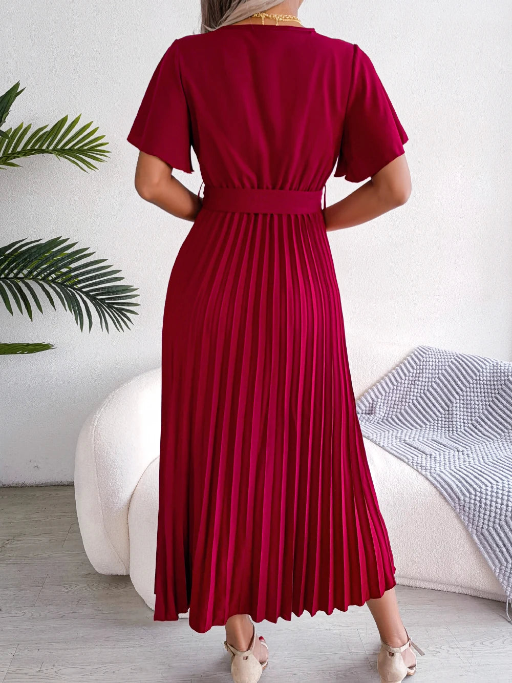 Women Summer Casual V Neck Short Sleeve Pleated Chiffon Maxi Dress Black Red Green Clothing