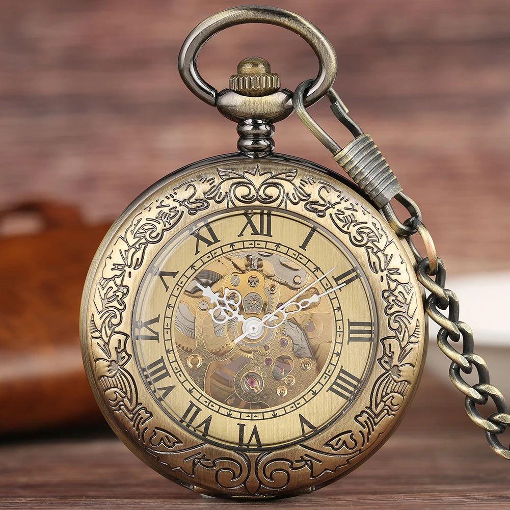 Luxury Bronze Roman Numerals Automatic Mechanical Pocket Watch Men Women Carving Retro Transparent Glass Cover Chain Gift 2017