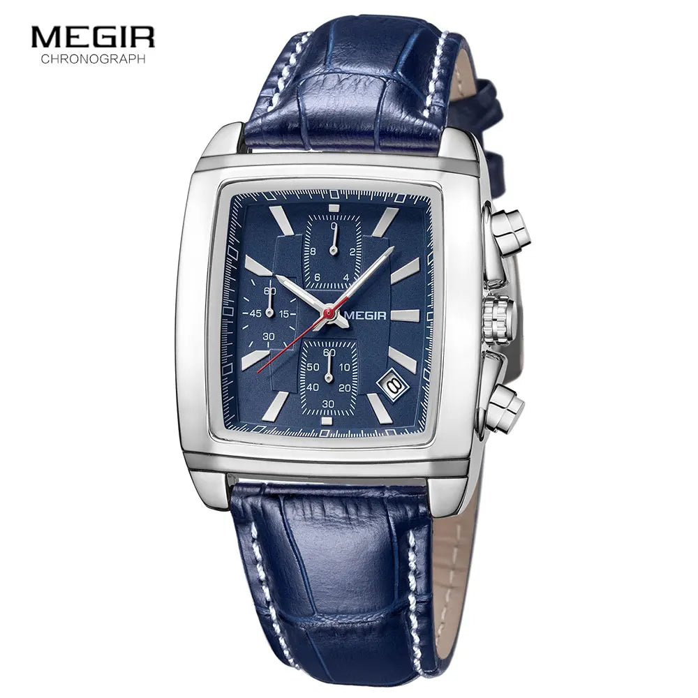 Megir Rectangle Dial Leather Strap Watch for Men Casual Blue chronograph quartz watches Man Wristwatch montre reloj часы мужские