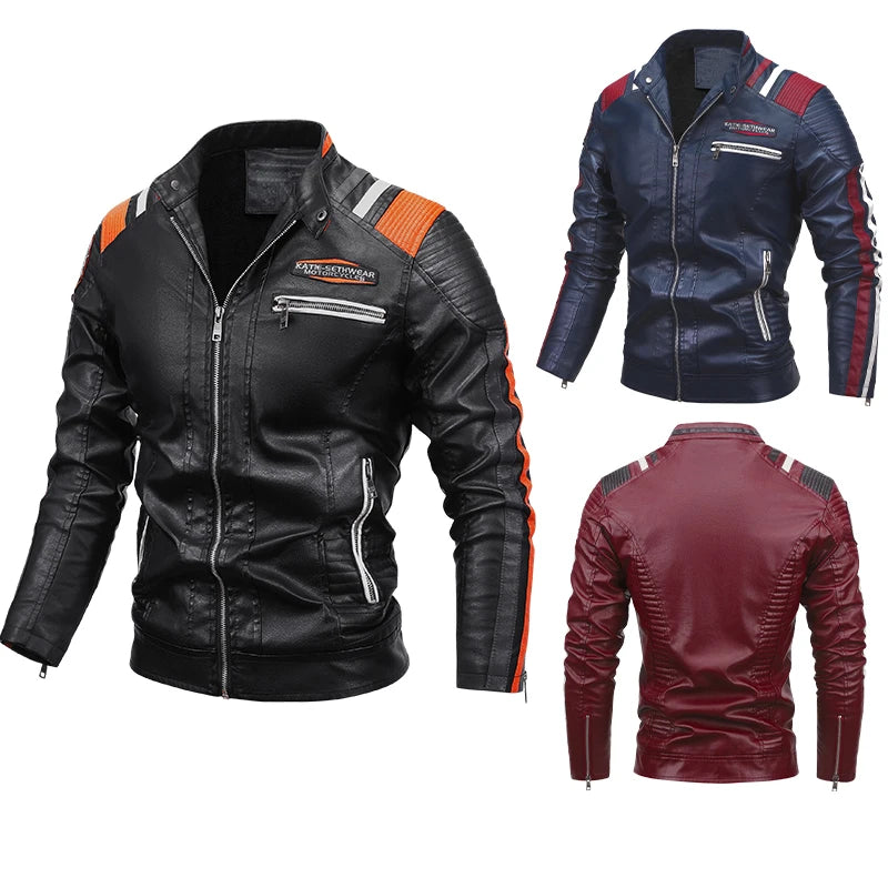 2023 Men Autumn Jacket Bomber Biker Zipper Motorcycle Faux Fur Coat Male Fleece Pilot Vintage Black Red Brown PU Leather Jacket