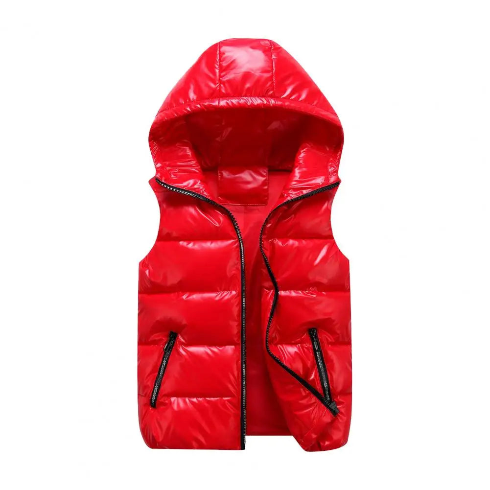 Warm Men Zippered Vest Men's Cotton Hooded Sleeveless Quilted Vest with Zipper Placket Pockets Autumn Winter Solid Color Glossy