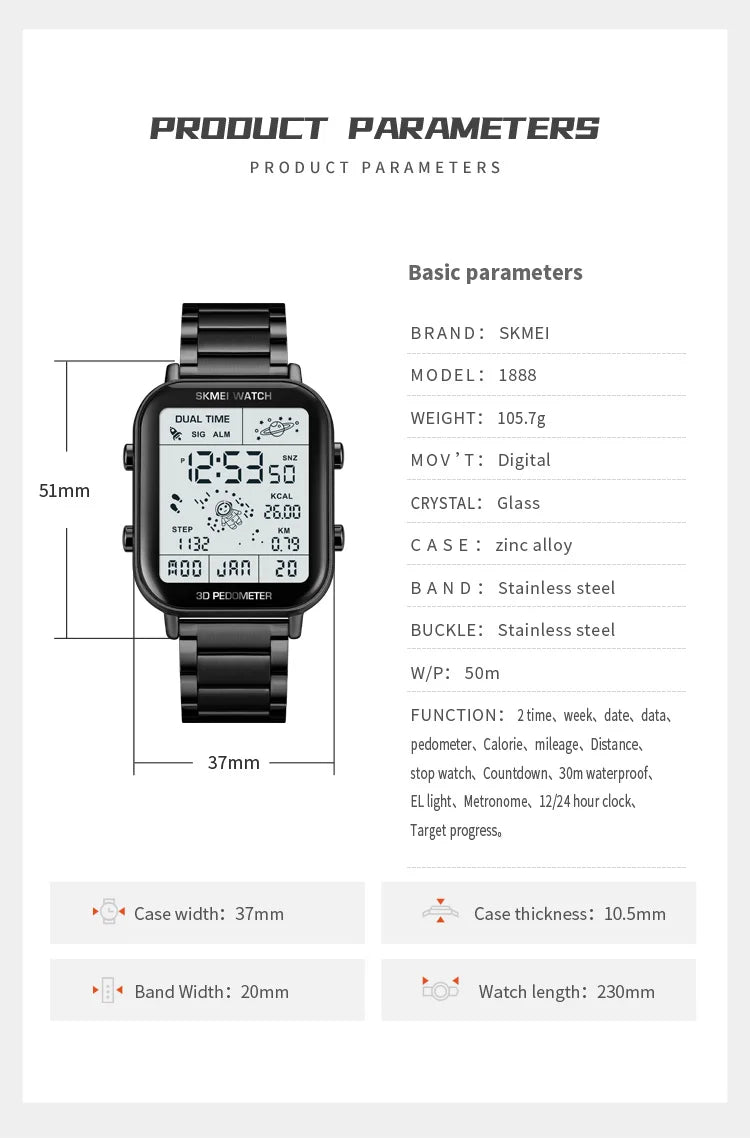 SKMEI Back Light Display Sport Pedometer Digital Watches Mens Stopwatch Countdown Wristwatch Calendar Calorie Calculation Clock