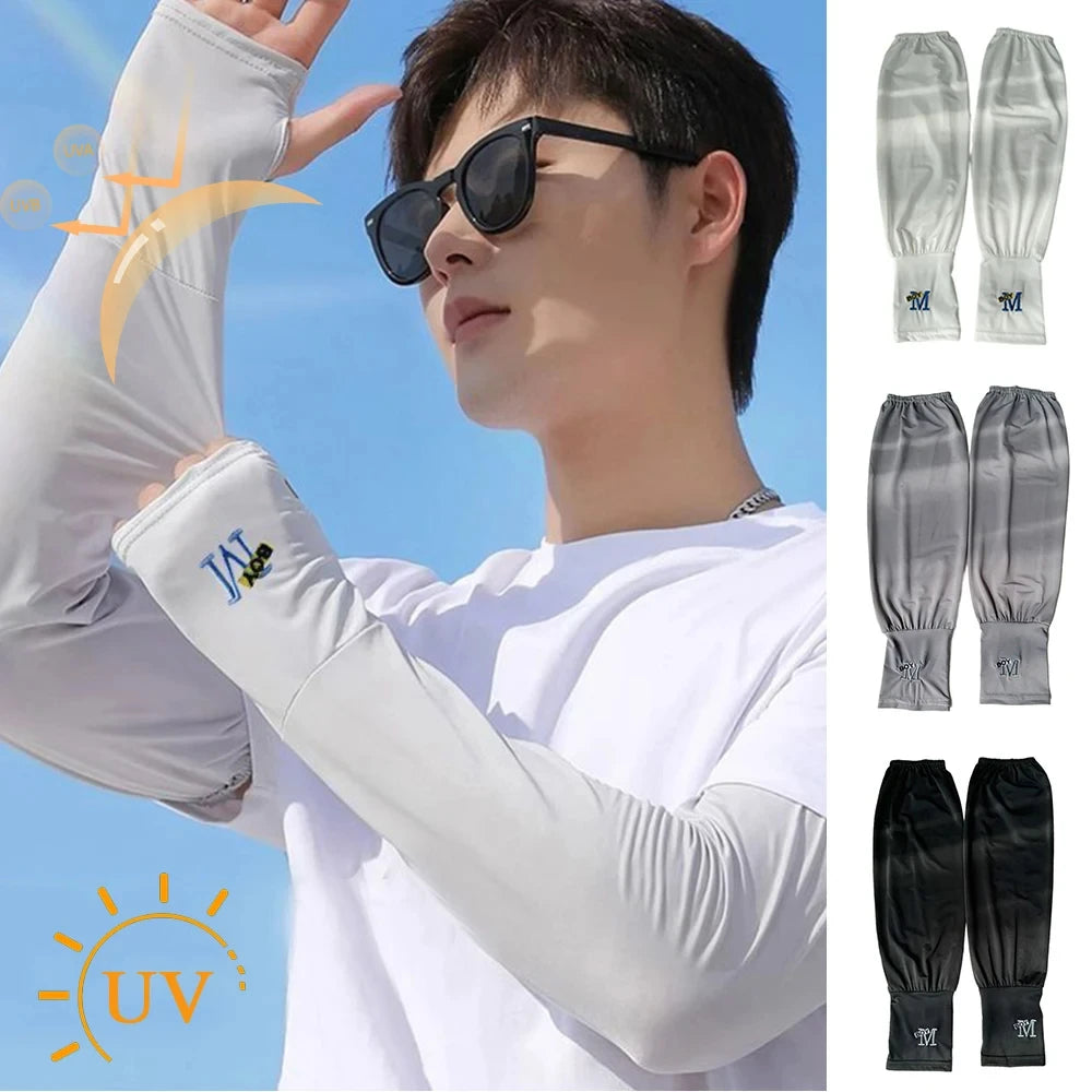 Men Long Half Finger Gloves Arm Sleeves M Letter Sun UV Protection Ice Cool Arm Cover For Cycling Fishing Climbing Sport