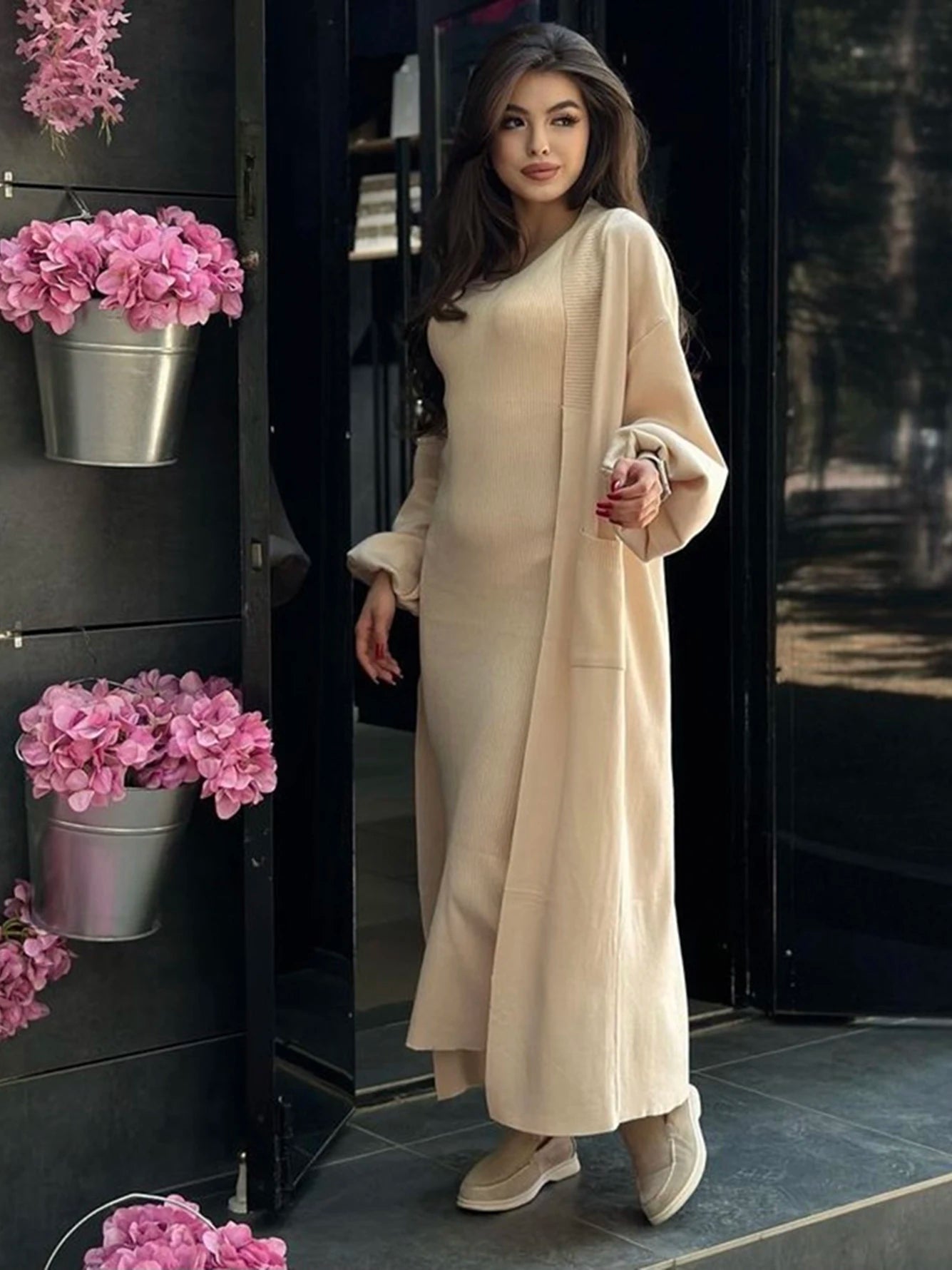 High Quality Women'S Solid Color Knitted Set, Sexy Long Sleeved Loose Long Cardigan Jacket+Sleeveless Dress Casual Two-Piece Set