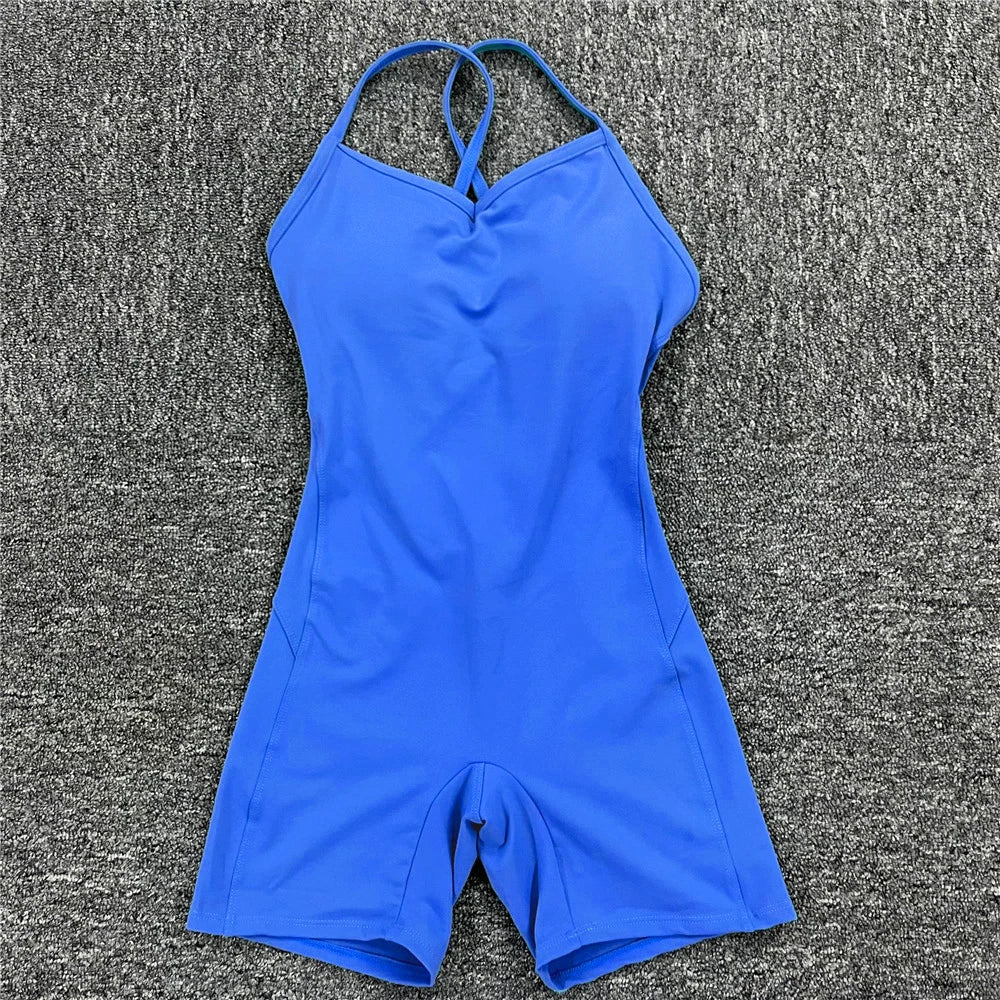 Backless Sports Woman 2023 Lycra Fitness Overalls One Piece Jumpsuit Shorts Sport Outfit Gym Workout Clothes for Women Sportwear