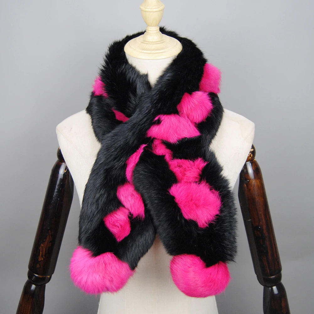 2024 New Arrival Winter Real Rabbit Fur Scarf Women Long Warm Genuine Rabbit Fur Scarves Female Knit Fluffy Pompoms Fur Scarves