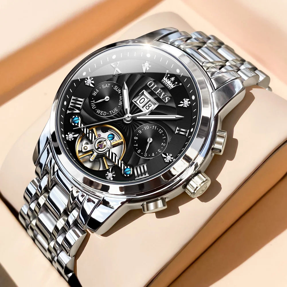 OLEVS Luxury Watches For Men Automatic Watch Waterproof Stainless Steel Mechanical Watches Gift Box Luminous Male Wristwatch