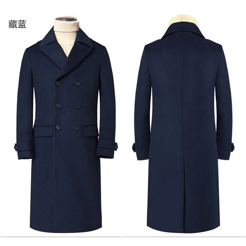 Mauroicardi Autumn Winter Long Warm Smart Casual Navy Blue Black Woolen Coat Men Double Breasted Luxury Wool Blends Overcoat