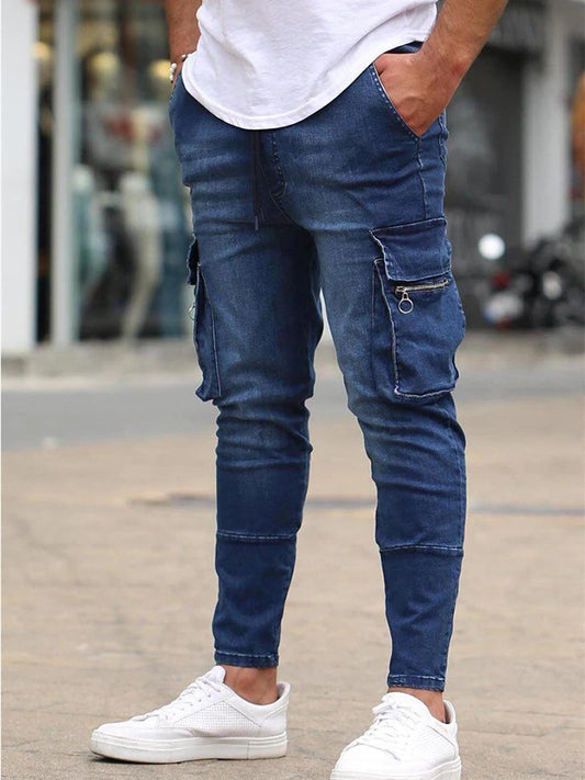 New Men's Slim Stretch Jeans Casual Fashion Multi Pocket Zipper Denim Trousers Everyday Men's Jeans Street Work Hip Hop Pants