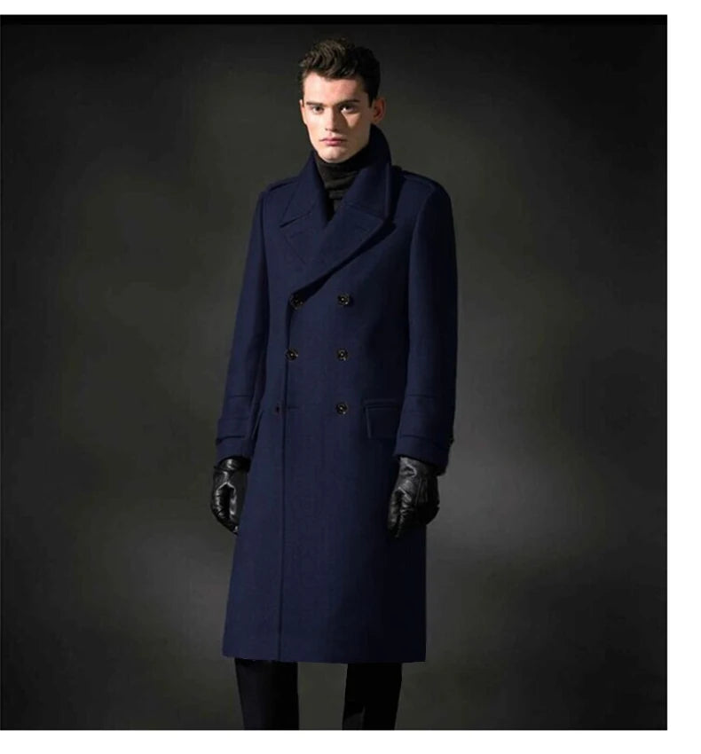 Mauroicardi Autumn Winter Long Warm Smart Casual Navy Blue Black Woolen Coat Men Double Breasted Luxury Wool Blends Overcoat