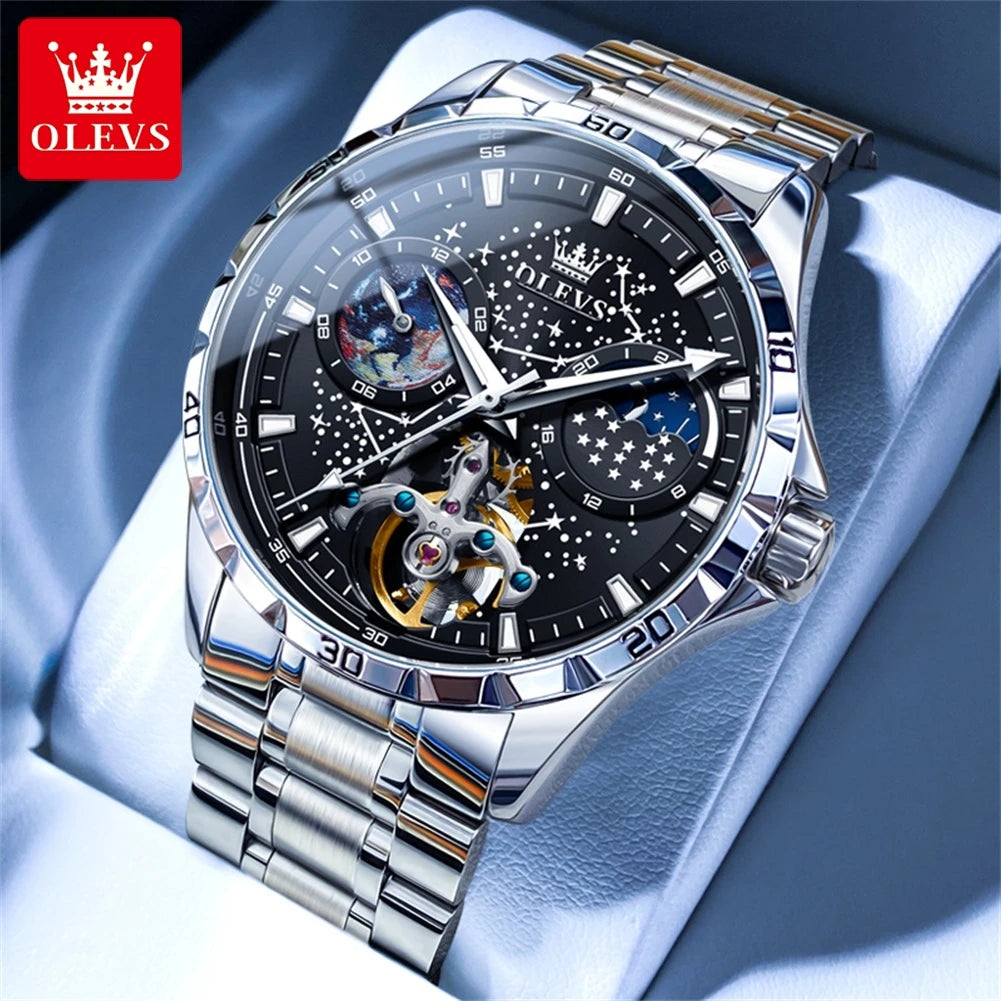 OLEVS Original Brand Men's Watches Waterproof Multifunctional Luminous Fully Automatic Mechanical Watch Moon Phase Starry Disk