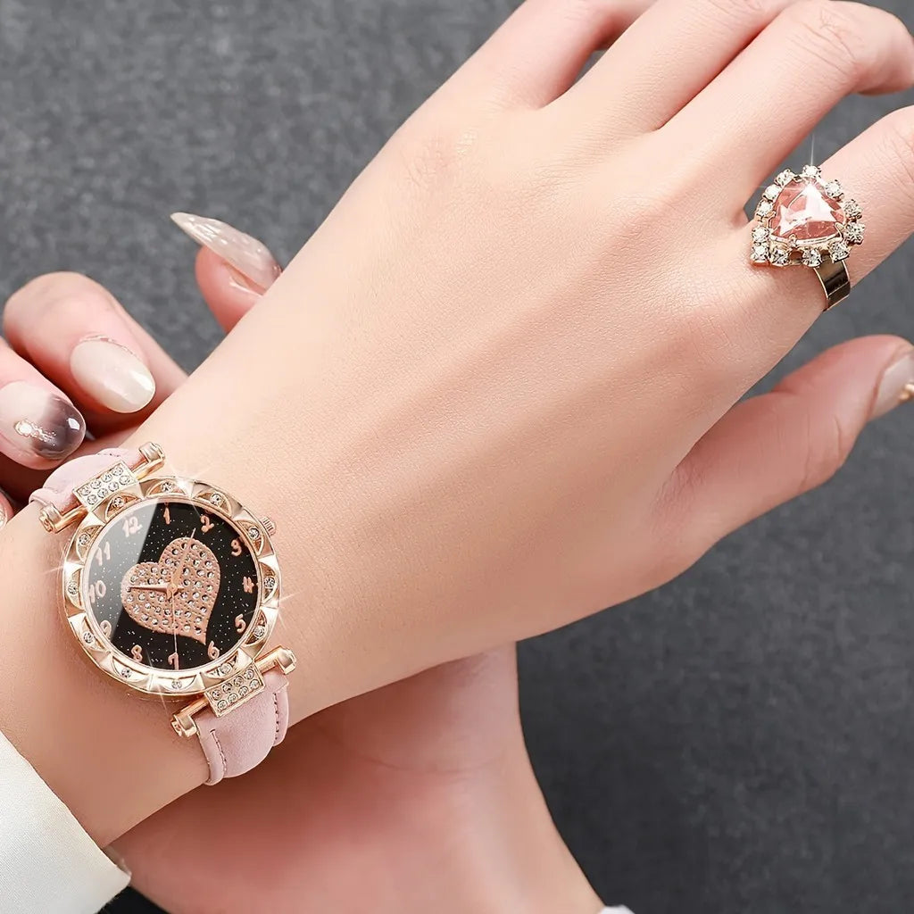 Kegllect 5PCS Women Quartz Watch Set for Gift Heart Shaped Rhinestone Accessories   Mother Her