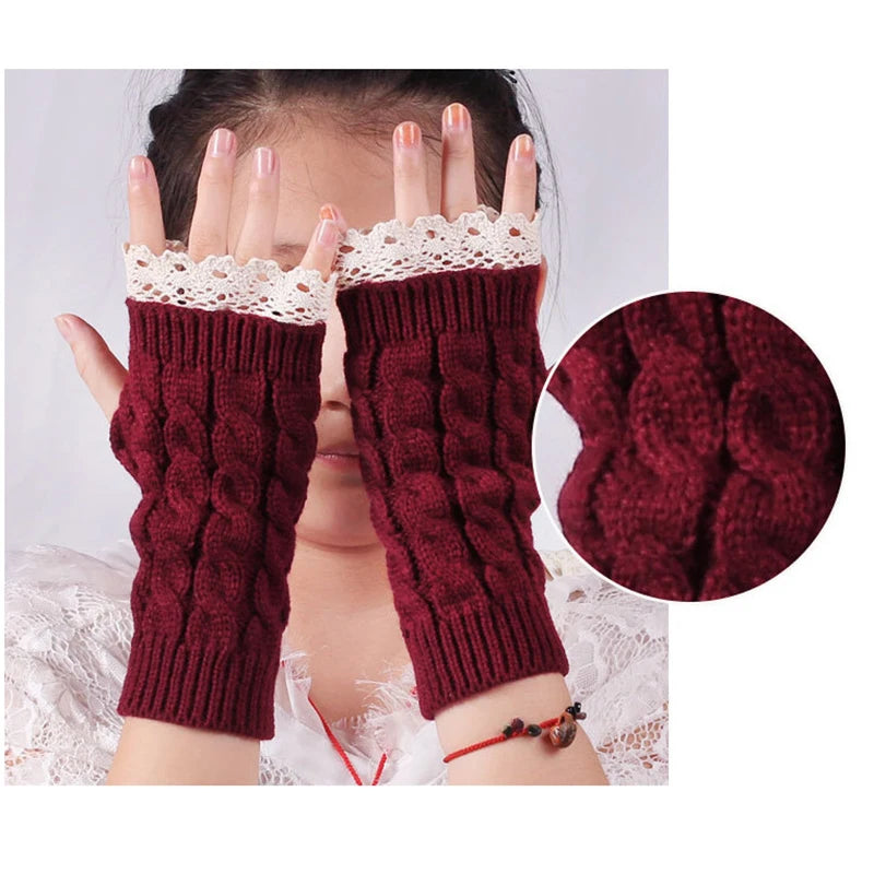 New Lace Fingerless Gloves Women's Gloves Winter Warm Cute Student Writing Typing Half Finger Acrylic Knitted Glove Mittens y2k