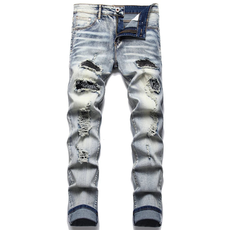 Men Cracked Blue Pleated Patch Biker Jeans Streetwear Holes Ripped Distressed Patchwork Stretch Denim Pants Slim Skinny Trousers