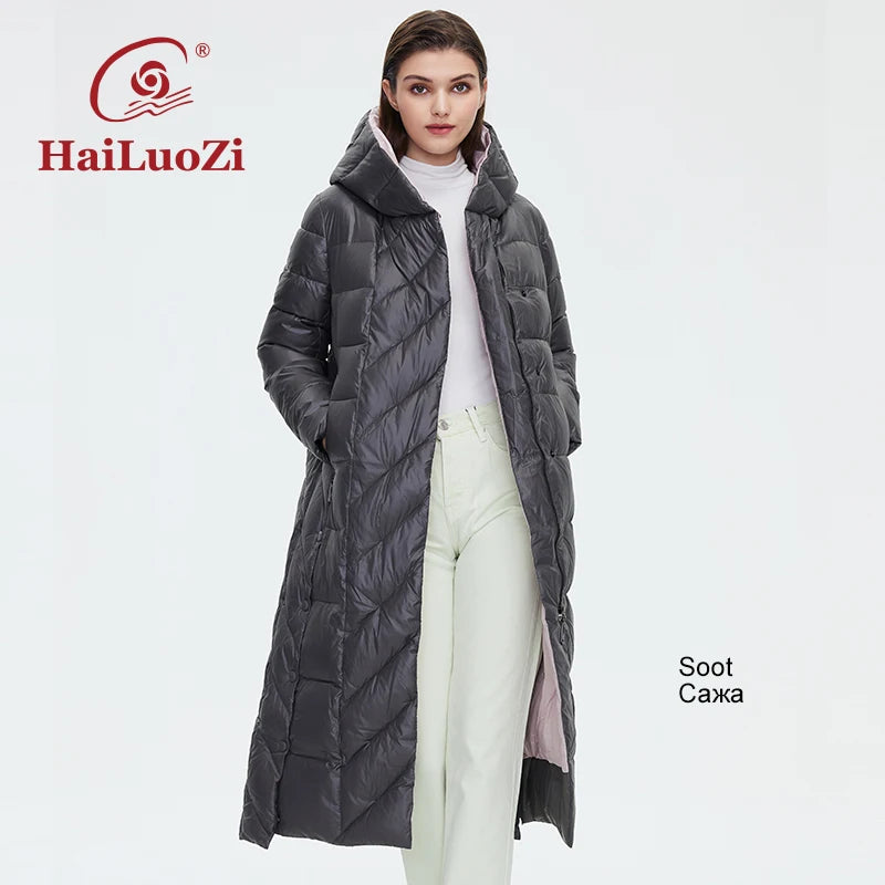 HaiLuoZi  New Winter Women's Jackets Plus Size Mid-length Thick Hood Warm Zipper Belt Classic Casual Women Coat Parkas 6037