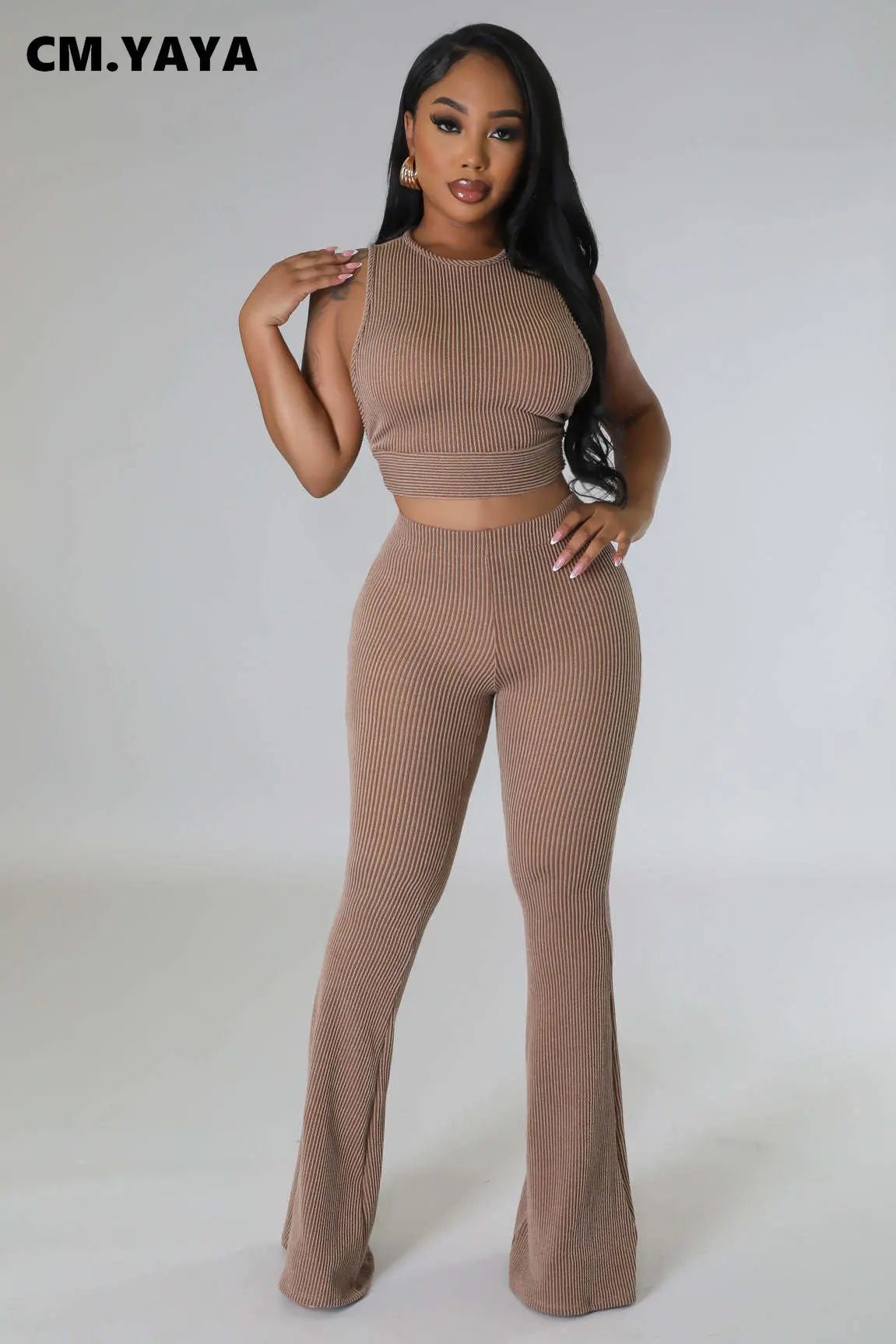 CM.YAYA Knit Ribbed Women's Set Open Side Tank Top and Flare Pants Suit 2023 Summer Active INS Two 2 Piece Set Outfit Tracksuit