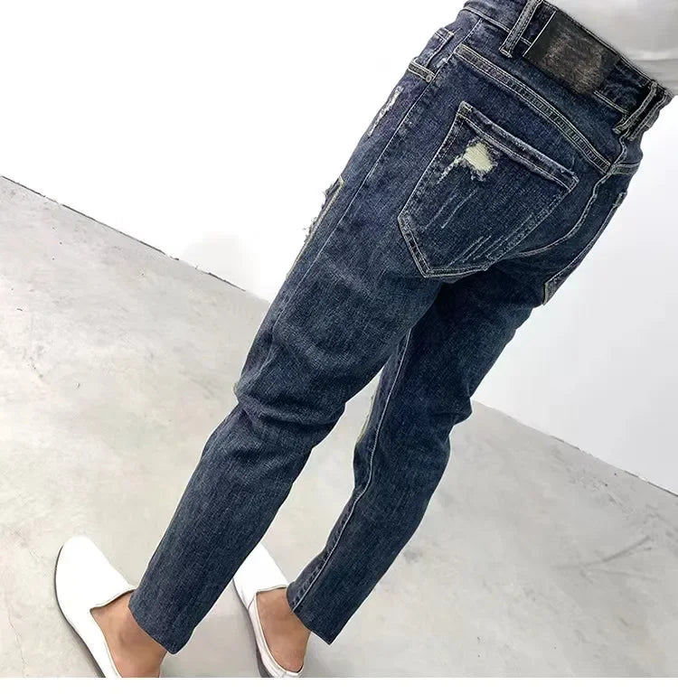 Autumn Trendy Korean Version Slim Fit Jeans For Men Unique Hole Patchwork Design Casual Style High Waist Bootleg Pants