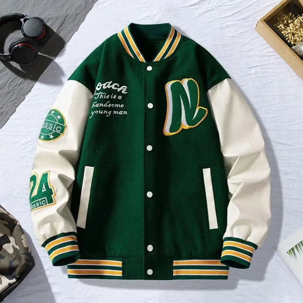 Men Baseball Jacket Men's Stand Collar Striped Letter Pattern Cardigan Baseball Coat with Pockets Loose Long Sleeve Thick