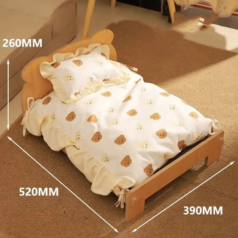 Wood Cat Bed Sofa Dog Bed With Teddy Bear Pattern Indoor Pet Furniture Floor To Ceiling Bed(20*11inch)Comfortable Durable