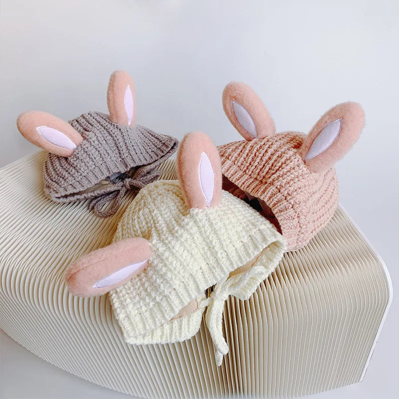 2024 Autumn Winter Newborn Girl Hat Bear Rabbit Ears Knitted Infant Girl Caps Multiple Color Available Lace-up Baby Girl Hats