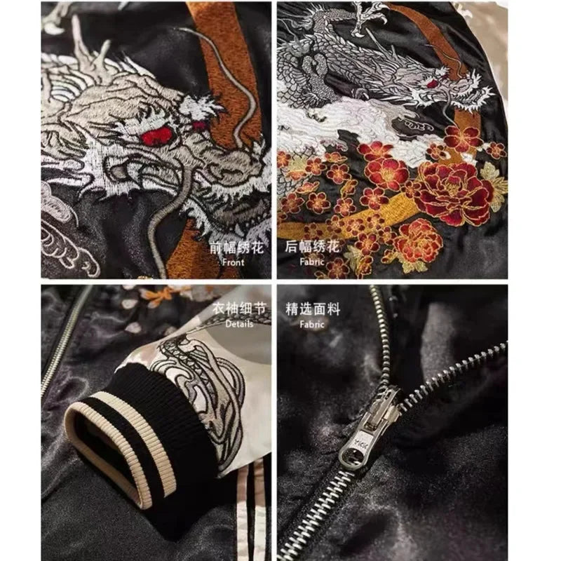 Embroidered Dragon Hip Hop Jacket Contrast Color High Street Baseball Coat Harajuku Trendy Outerwear Casual Loose Jacket For Men