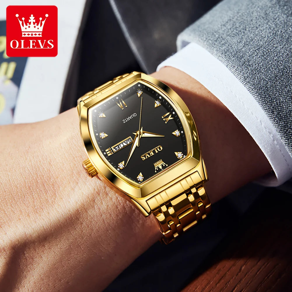 OLEVS Herrenuhren Luxus Tonneau Original Top-Marke Quarzuhr für Männer Wasserdicht Leuchtende Wochendatum Männliche Armbanduhr