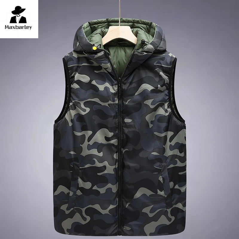 Winter Vest Men's Fashion Thickened Warm Double-sided Down Cotton Jacket Men's Casual Snow Cold-proof Detachable Cap Padded Vest