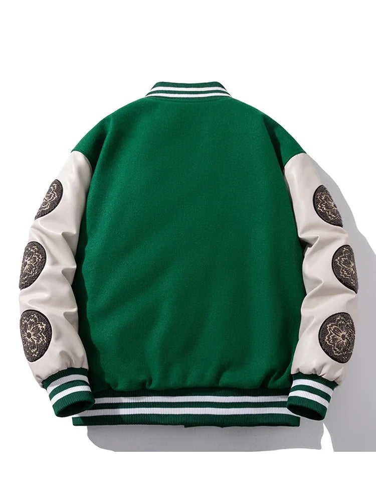 Vintage Varsity Jacket Men Winter Letter Embroidery Baseball Jacket Women Leather Sleeve Fashion Casual Woolen Coat Green Parka