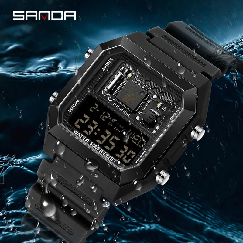 SANDA Fashion Male And Female Student Electronic Watches New Square Multi Functional Waterproof Luminous Countdown Sport Watches