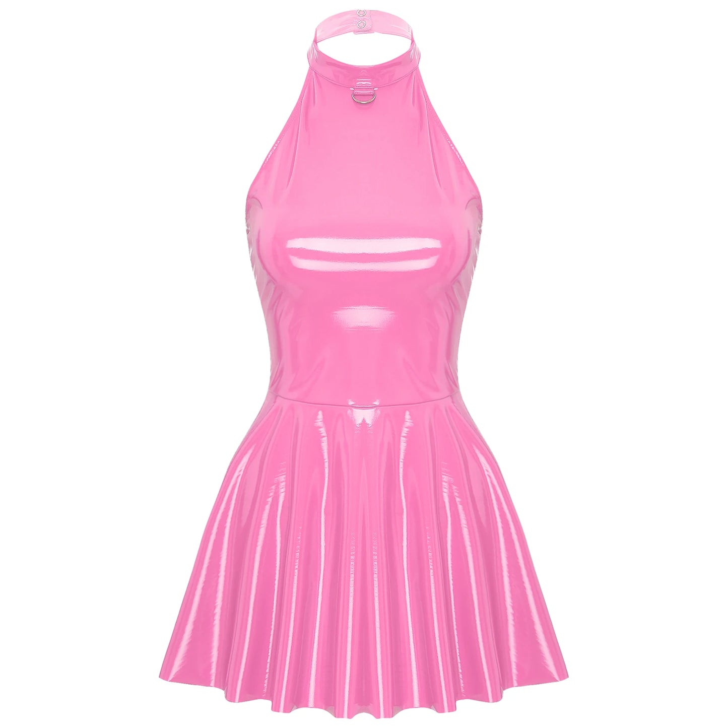 Womens Latex Swing Skirt Disco Dress Glossy Patent Leather Clubwear Halter Sleeveless Skater Mini Dress Rave Party Clubwear