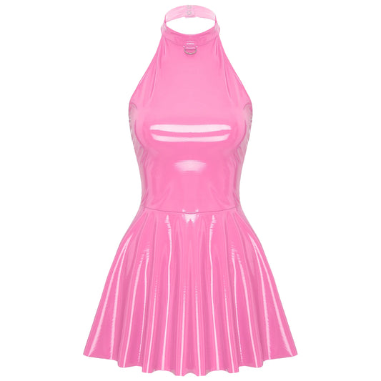 Womens Latex Swing Skirt Disco Dress Glossy Patent Leather Clubwear Halter Sleeveless Skater Mini Dress Rave Party Clubwear