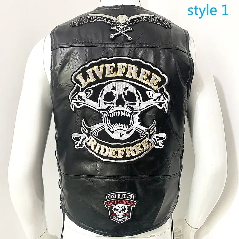 Motorcycle Leather Vest Embroidered Patch Moto Sleeveless Jacket Cycling Casual Street Vest Motorcycle Club Punk Vest