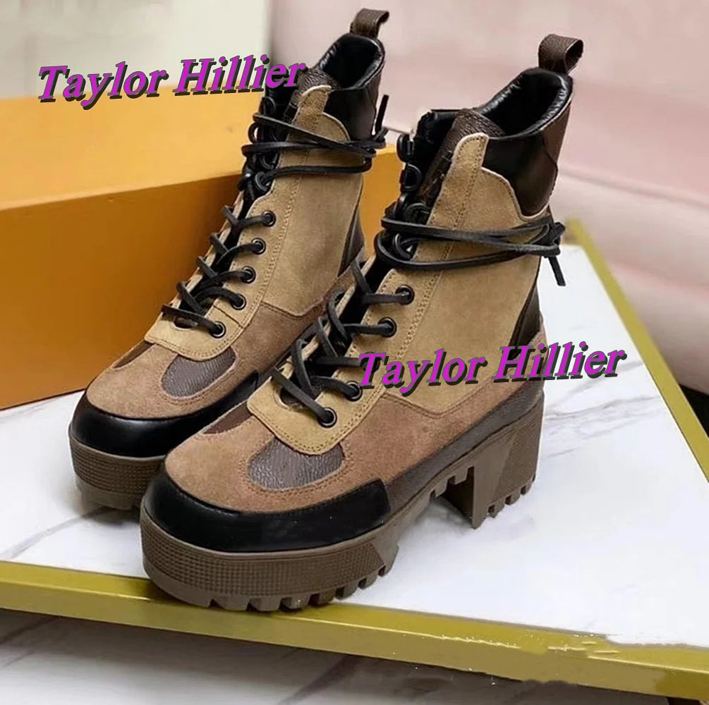 Patchwork Lace Up Ankle Boots Luxury Round Toe Square Heel Designer Commuting Women Fashion All-Match 2025 Winter Warm New Shoes