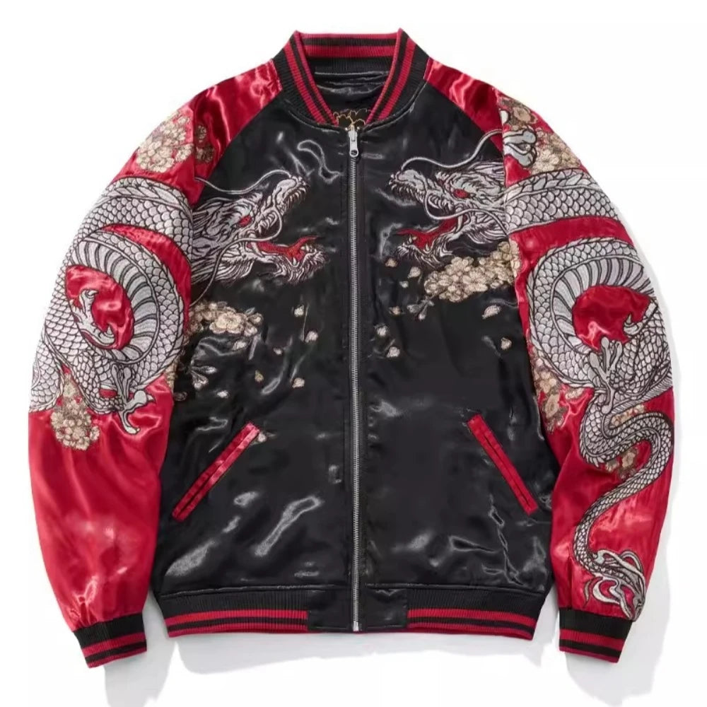 New Red Black Reversible double-sided High Street Dragon Sakura Embroidered Sukajan Souvenir Jacket Streetwear Vintage Coats