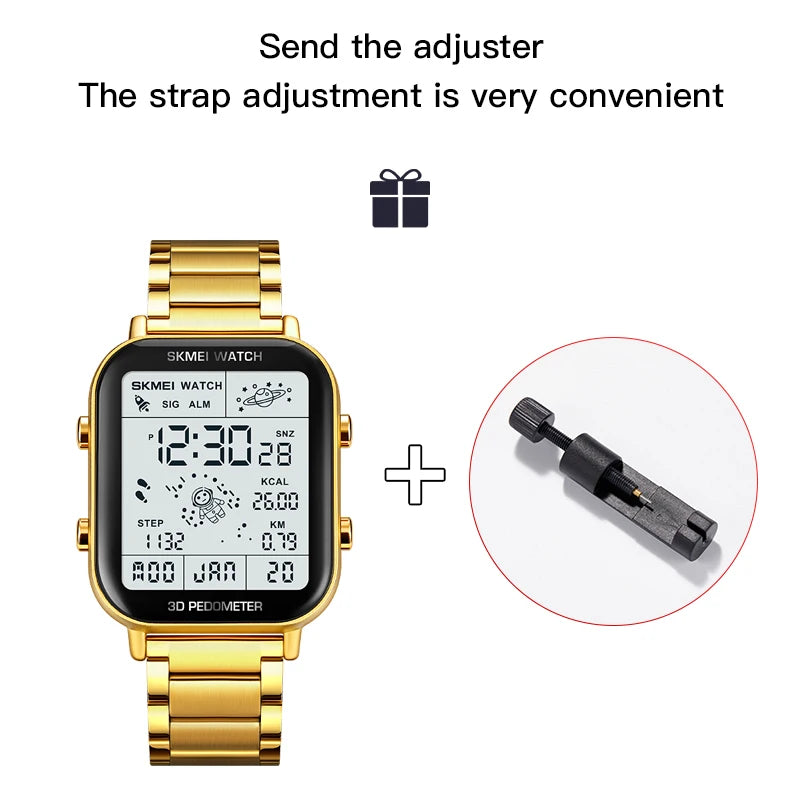 SKMEI Back Light Display Sport Pedometer Digital Watches Mens Stopwatch Countdown Wristwatch Calendar Calorie Calculation Clock