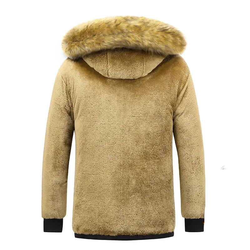 2024 New Men Winter Autumn Work Outwearing Parka Black Fleece Lined Thick Warm Hooded Fur Collar Coat Male Size 5XL Plush Jacket