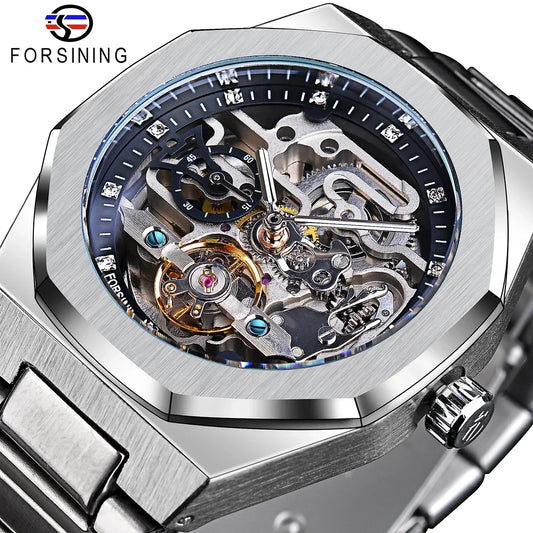 Forsining Casual Automatikuhr 3D Diamant Skelett Hohl Herren Armbanduhren Leuchtende Militäruhren Tourbillon Montre Homme