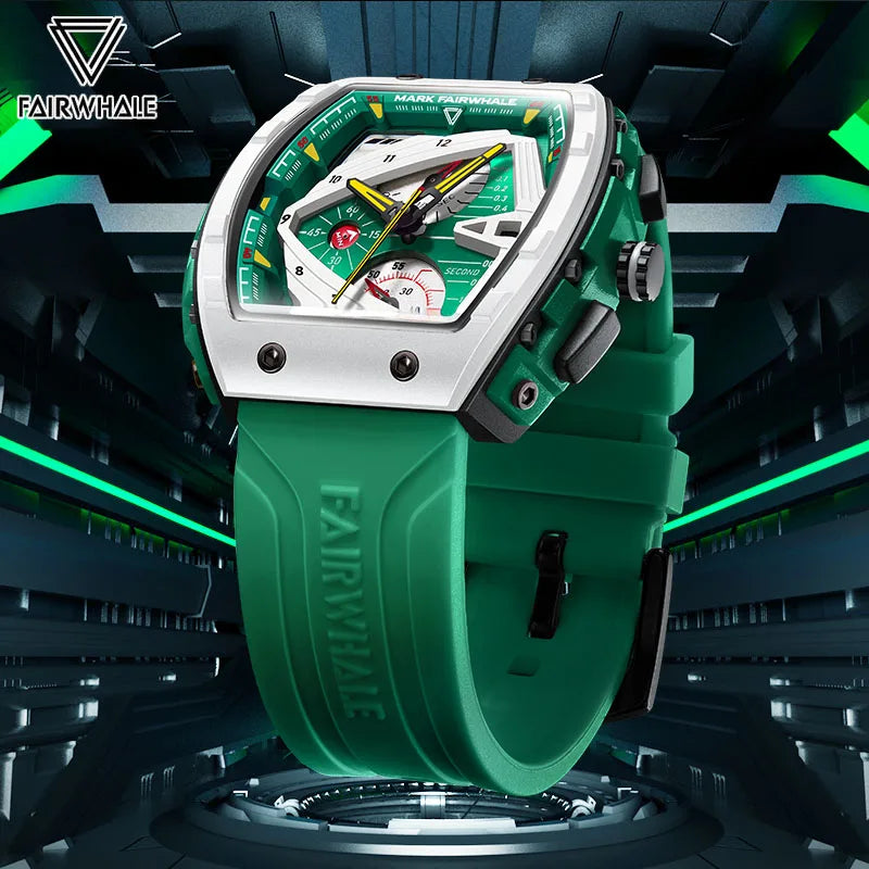 Luxury Watch For Mens Fashion Brand Mark Fairwhale Sports Silicone Strap Quartz Wristwatch Tonneau Green Clocks Boy