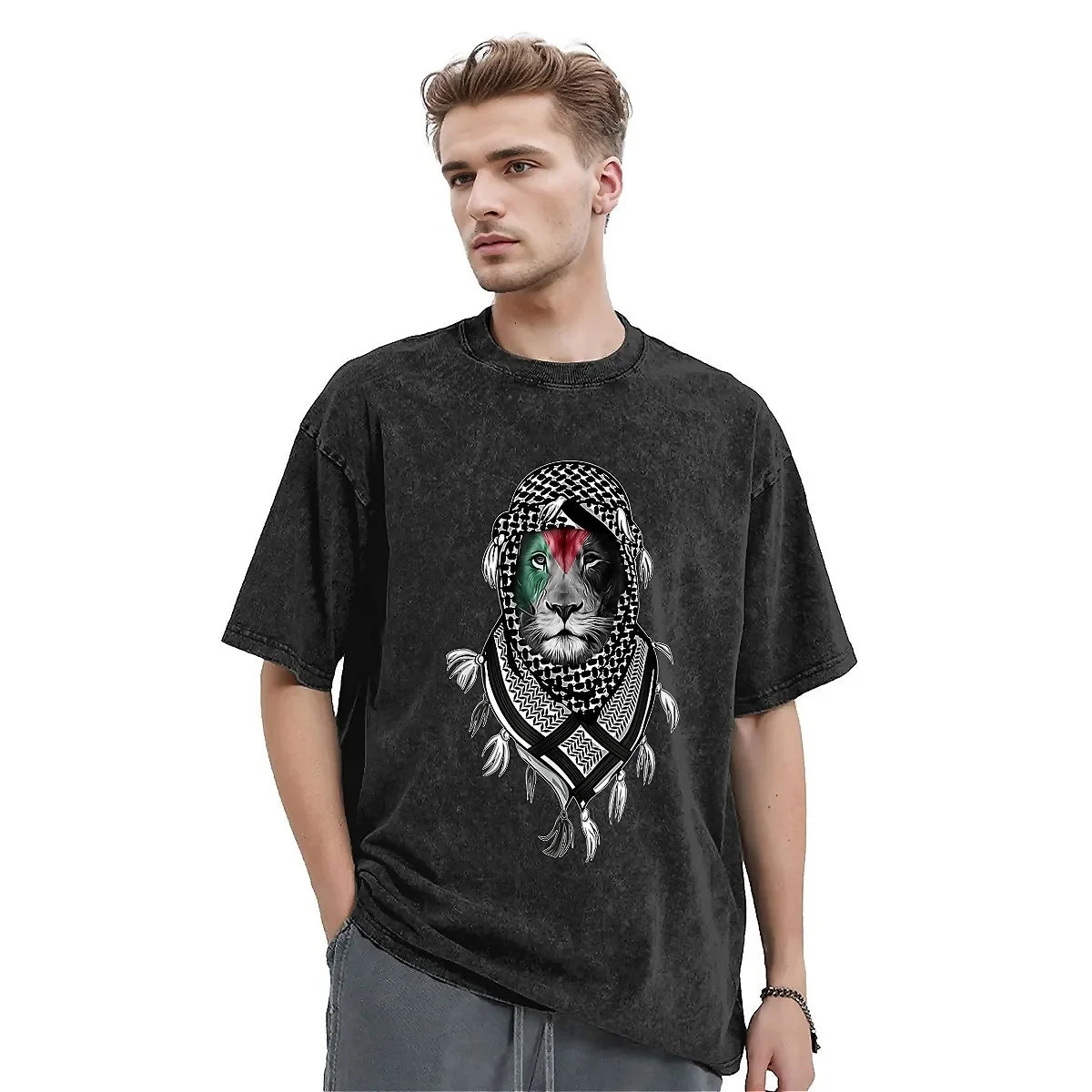 Men's T Shirt Palestinian Lion Washed T-Shirts Popular Palestine Flag Summer Tees Aesthetic Custom Logo Casual Clothes Plus Size