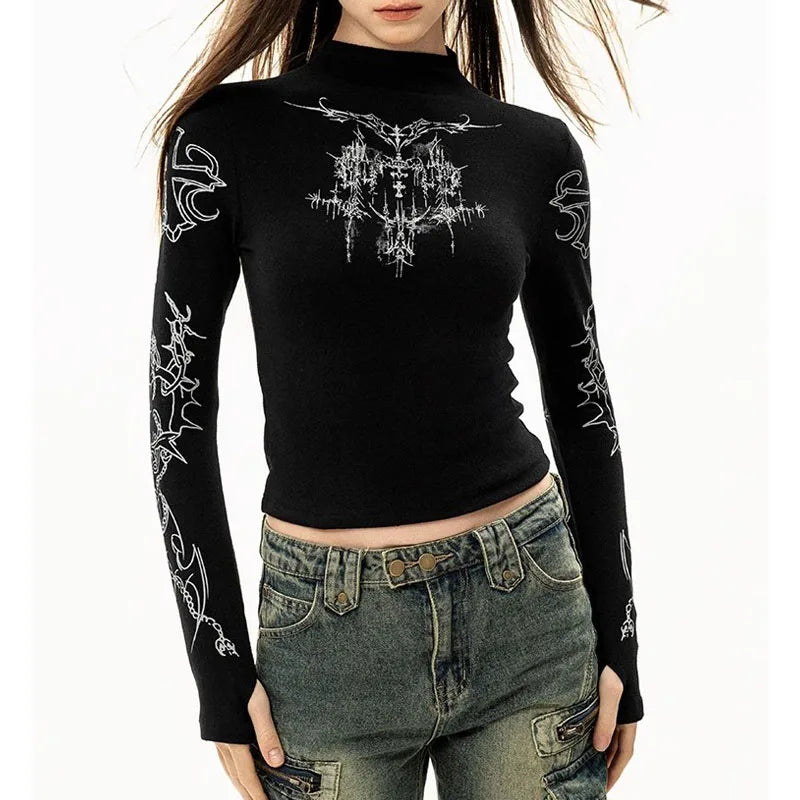 Women T-Shirt Y2k Black Vintage Clothes Half high neck Tees Grunge Fashion Gothic Graphic Streetwear Long Sleeve Crop Tops EMO